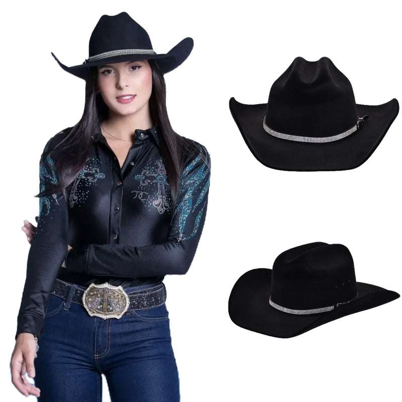 Chapéu Feminino Country Preto Ana Castela Boiadeira Rodeio Modelo Americano Bainha de Couro