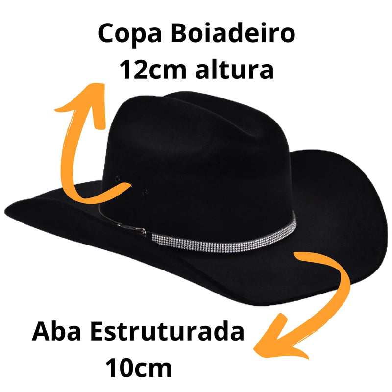 Chapéu Feminino Country Preto Ana Castela Boiadeira Rodeio Modelo Americano Bainha de Couro