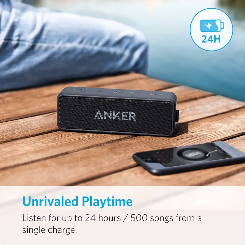 Caixa de Som Bluetooth Portátil Anker Soundcore 2 - Graves Potentes, 24 Horas de Reproduçăo, Alcance de 20m, Resistência à Água IPX7