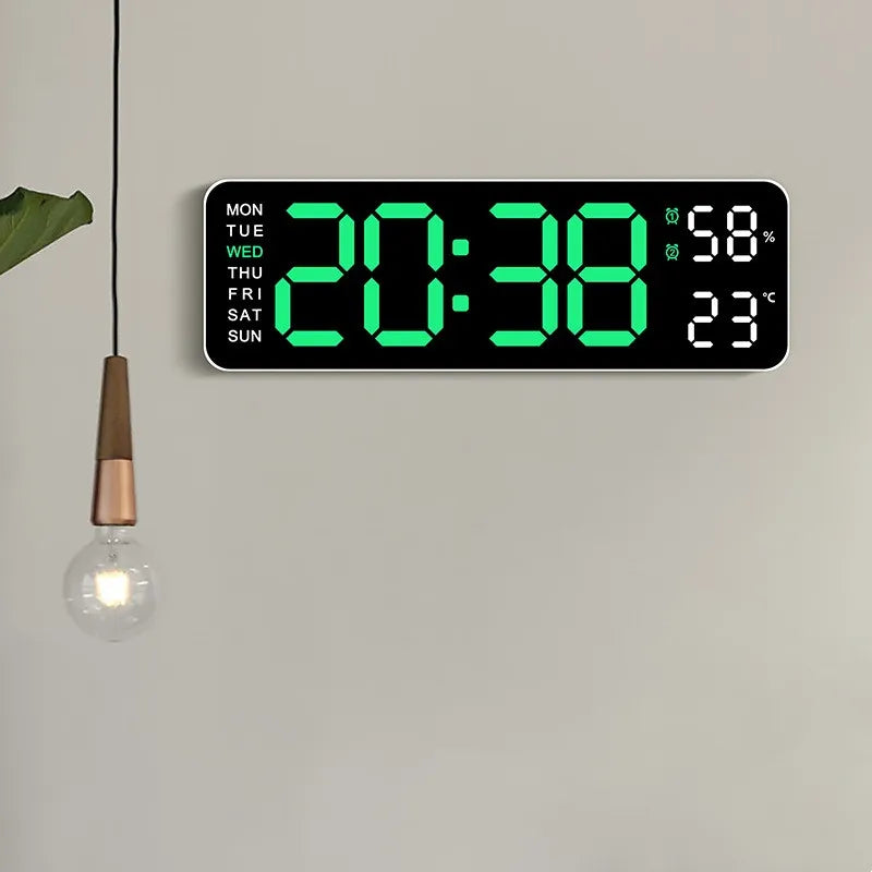 Relógio Digital LED 9" com Temperatura, Umidade e Alarme - Auto-Dimmer, Alimentação USB, Display 12/24H, para Parede e Mesa